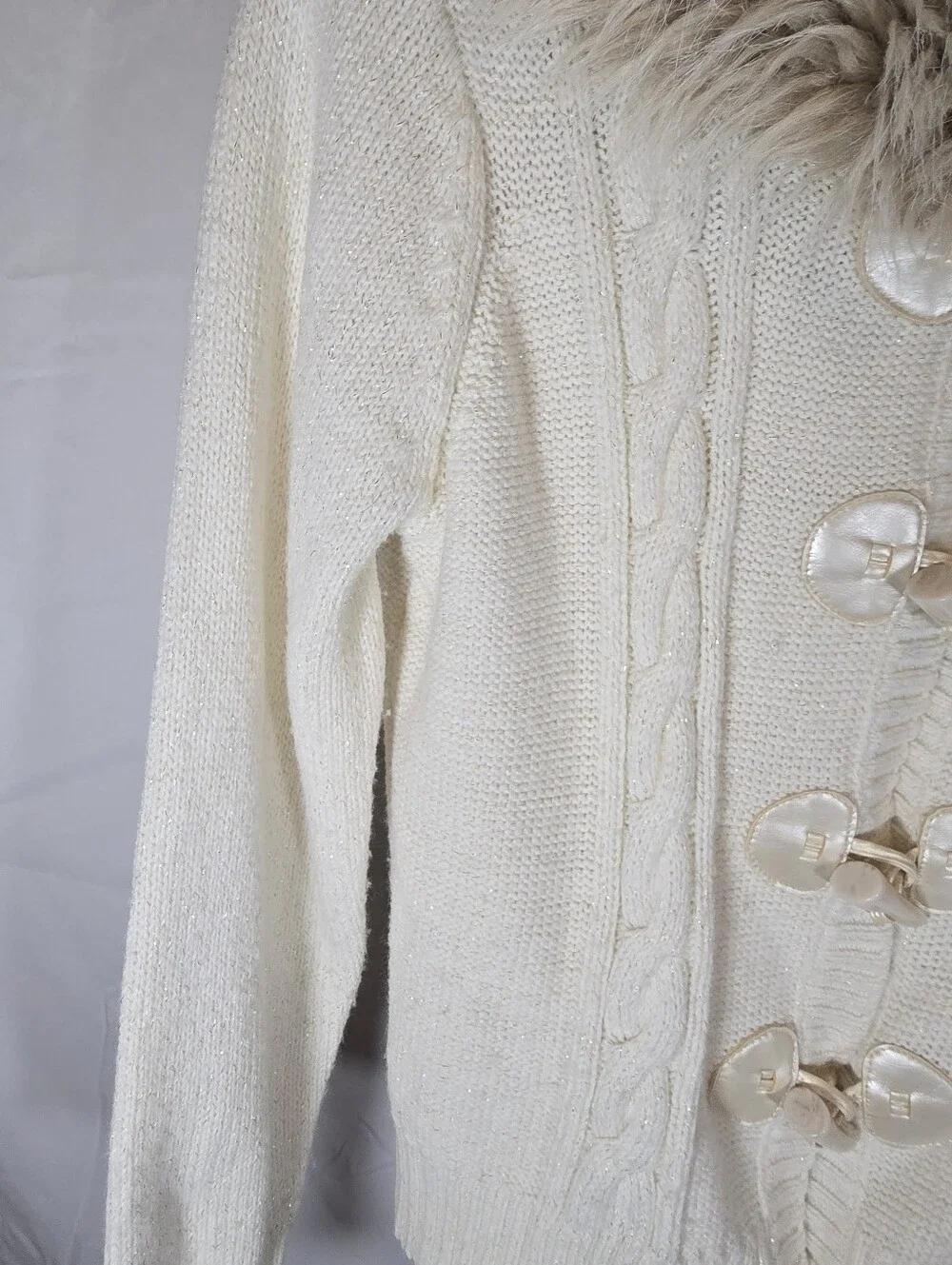 Justice Cream Cable Knit Cardigan with Faux-Fur Collar